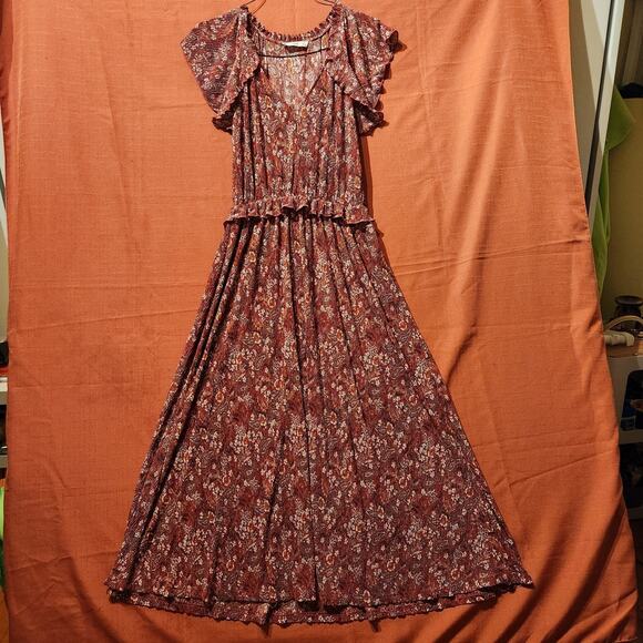 Mango Sz M Rayon Red Burgundy Fall Cap Sleeve Maxi Dress Forest Fairy Bohemian - Picture 8 of 8